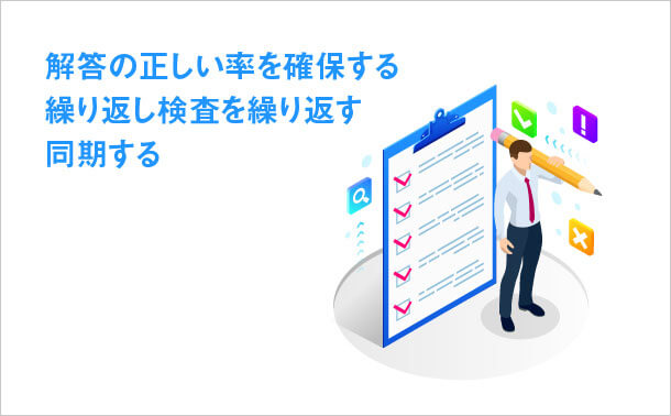 解答の正しい率を確保する 繰り返し検査を繰り返す 同期する
